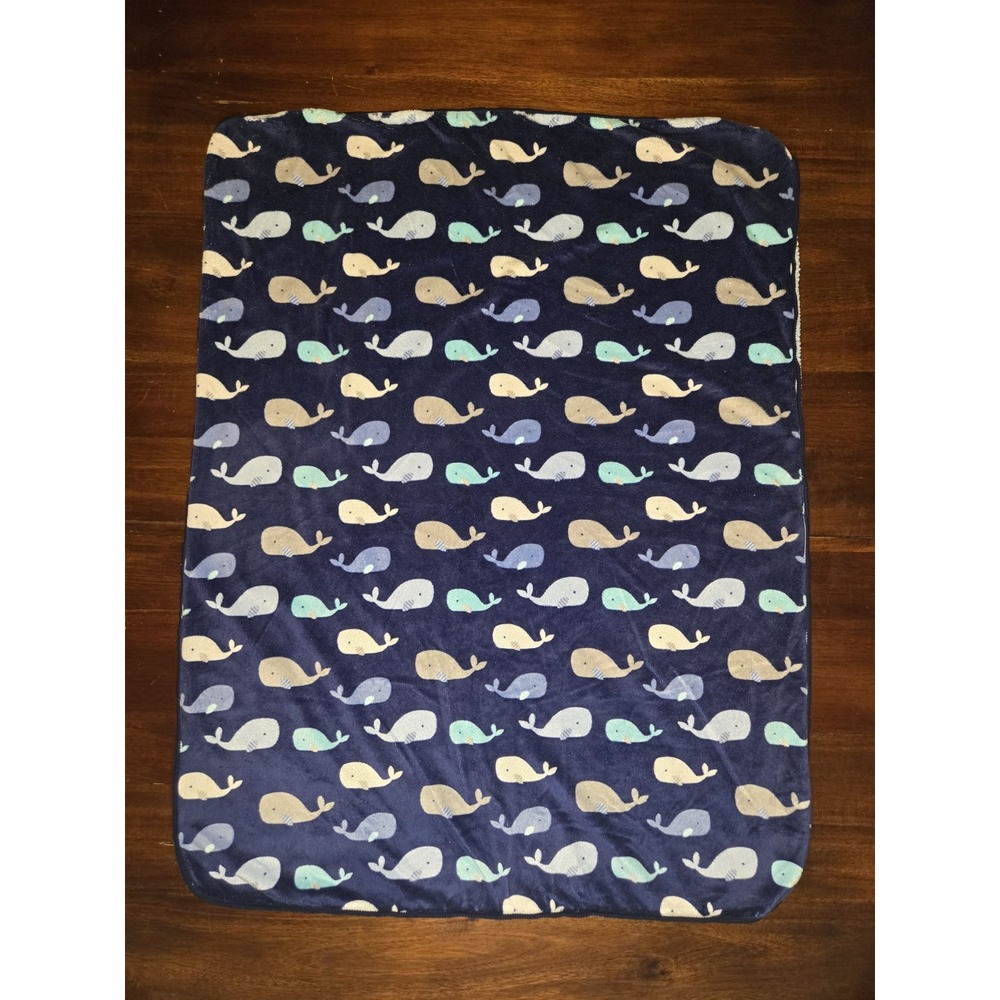 Just Born Navy Blue Light Grey White Whale Velour Sherpa Baby Velboa Blanket EUC
